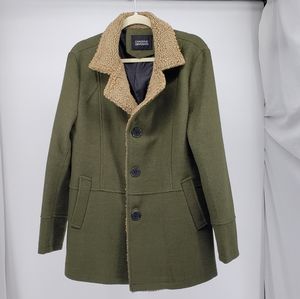 Charlie Qianxian Wool Blend Olive Green Tan Trim Pea Trench Coat Size M